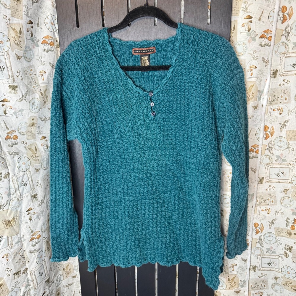 Yarnworks Teal Textured Henley Long Sleeve Tunic Sweater Top Women Medium